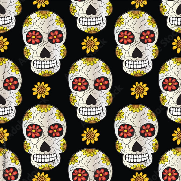 Fototapeta Day of the Dead. Seamless pattern with sugar skulls and flowers. Vector illustration.