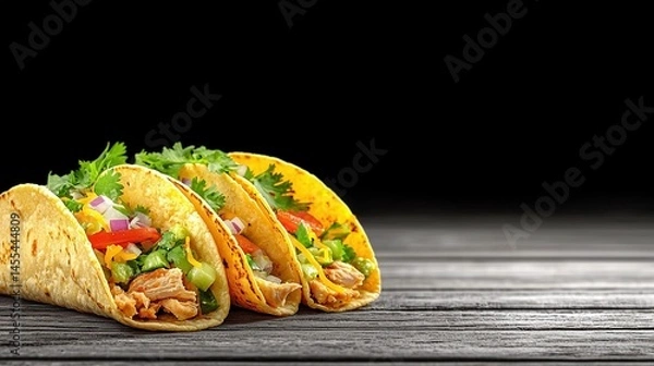 Fototapeta Three flavorful tacos on a rustic wooden surface.