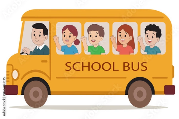 Fototapeta Happy School Kids Waving from Yellow School Bus Flat Vector Illustration for Back to School. Cartoon Children Riding in School Bus and Waving Flat Educational Transport Vector.
