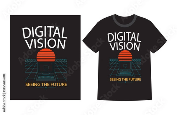 Fototapeta Retro Futuristic T-Shirt Design Digital Vision Concept with Computer and Sunset. Seeing the Future Graphic Tee Digital Grid with Tech Elements in Neon Colors. 