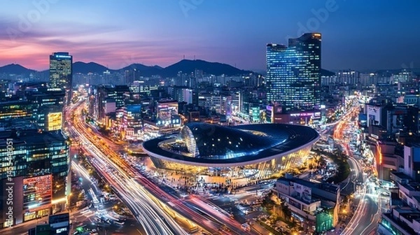 Obraz The modern architecture of Dongdaemun Design Plaza illuminated at night