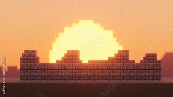 Fototapeta Pixelated brick wall with a digital-style sunset in the background, creating a retro, blocky landscape at dusk.