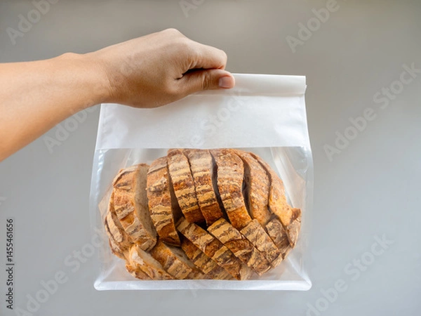 Fototapeta Hand holding white kraft paper bag with clear plastic front window, packet bag with tin tie tab lock with sliced sourdough bread inside, isolated on white background. Homemade bakery concept.