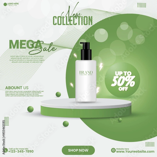 Fototapeta 3D realistic cosmetics product sale social media poster design with a cylinder empty podium. Studio background. Green color social media cosmetics product sale empty podium background design template.