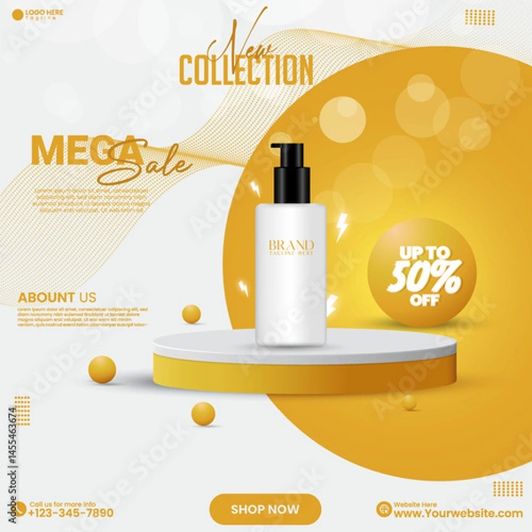 Fototapeta Social media product advertisement poster design. Orange color abstract empty podium design vector. 3D realistic cosmetics product sale social media poster design with a cylinder empty podium. 