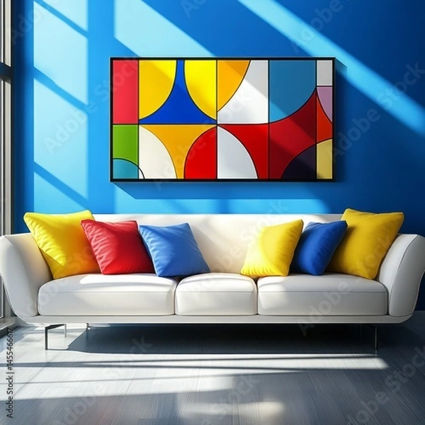 Fototapeta Colorful abstract art piece displayed on a white couch.