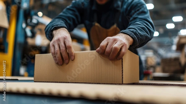 Fototapeta A close up of hands assembling custom product packaging box in warehouse environment showing careful manual work and focus on detail
