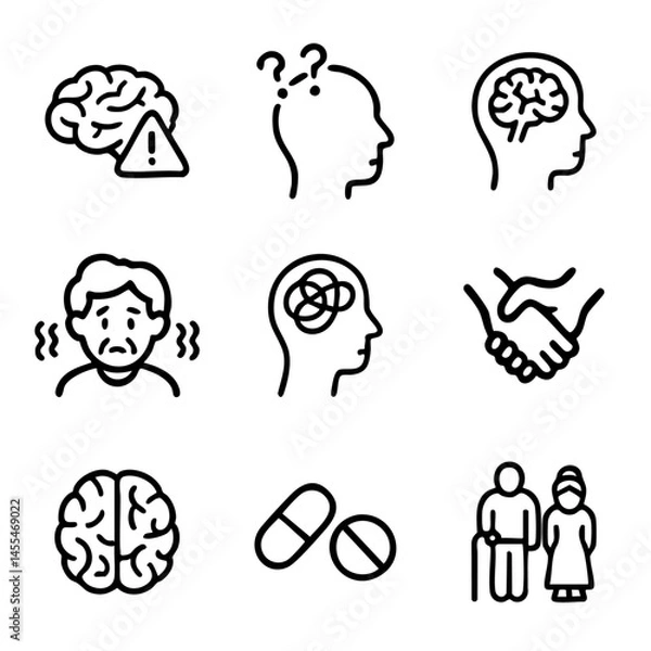 Obraz A set of doodle line icons alzheimer's disease, cognitive decline, elderly care, and mental health treatment and support concepts
