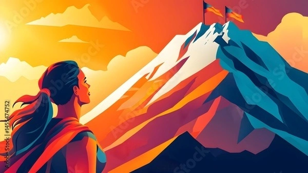 Obraz Woman Gazing at a Majestic Mountain Peak with Flags