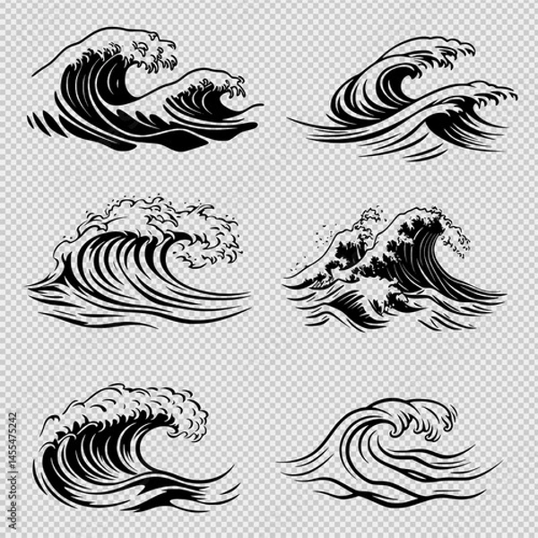 Fototapeta Minimalist black and white logo of stormy ocean waves with tall, sharp crests and jagged foam lines, subtle pastel shading on white evokes raw sea power and elegant motion in a clean line drawing.