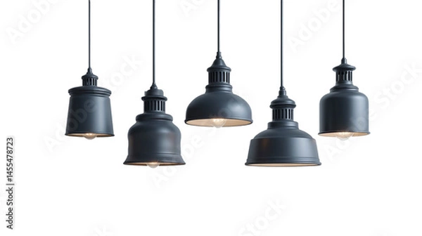 Fototapeta Five Dark Gray Pendant Lights Hanging Against  transparent png Background