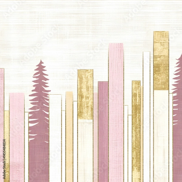 Fototapeta Pastel city skyline with stylized trees, wood texture background; design element for home decor