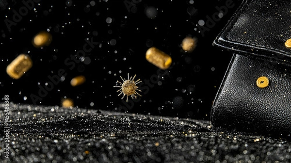 Fototapeta Golden virus particles falling near black purse; dark background; health, wealth, and risk concept; ideal for advertising