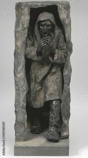 Fototapeta Bronze sculpture of a hooded figure emerging from a stone niche, indoor setting, art piece for gallery or museum