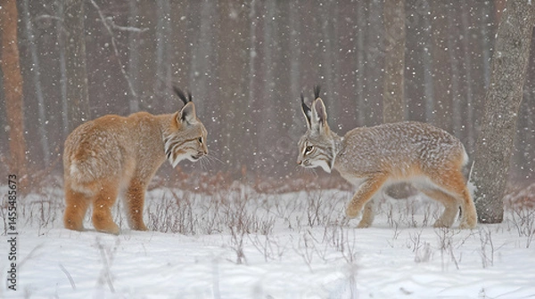 Obraz Lynx and snowshoe hare facing off in a snowy winter forest. A captivating wildlife scene showcasing a predator and prey moment.