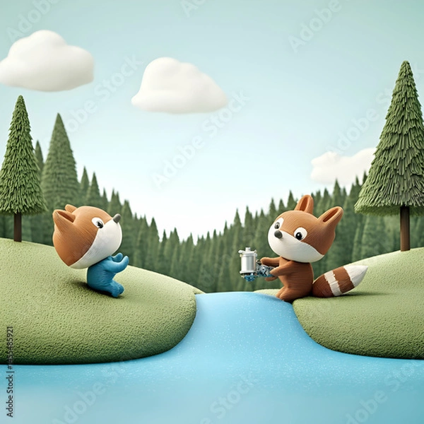 Fototapeta Two friendly foxes share coffee by a tranquil river in a serene forest; perfect for a heartwarming storybook illustration