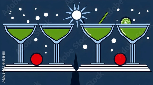 Fototapeta Four lime margaritas on a bar, night scene, festive background, ideal for cocktail menus or bar promotions