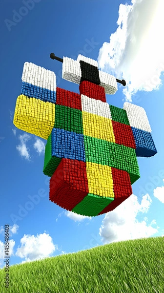 Fototapeta Colorful block figure floats above green field under blue sky.  Illustrative image for unity, diversity, or teamwork concepts