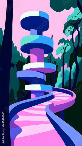 Fototapeta Winding path leads to modern tower in tranquil forest; ideal for travel brochures
