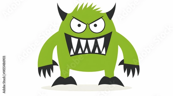 Fototapeta Angry green monster cartoon illustration, white background, graphic design element for websites, children's books