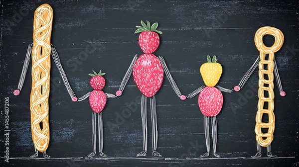 Fototapeta Happy family made of pastries and strawberries on chalkboard background. Perfect for food blogs, family-themed projects, or children's books