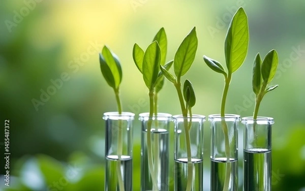 Obraz Green shoots in test tubes, nature background, research, eco-friendly concept. High quality