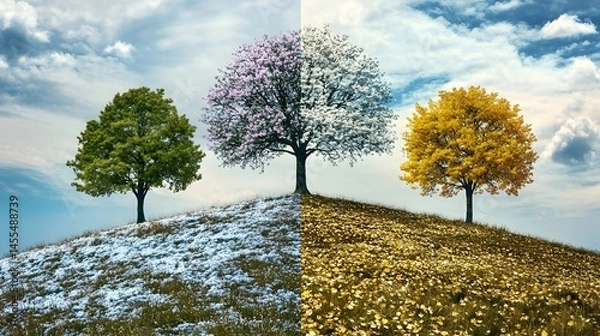 Obraz Four Seasons Depicted On A Hillside With Trees