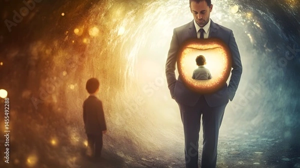 Obraz Man Carrying Inner Child Through Symbolic Tunnel