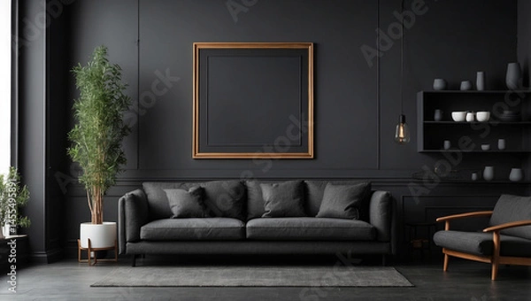 Fototapeta Elegant Empty Frame on a Dark Grey Living Room Wall