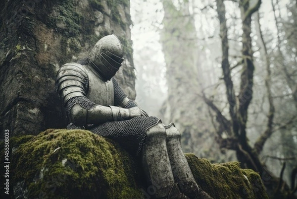 Obraz A medieval knight in full armor sitting on a moss-covered stone in a dark, mysterious forest, resting, with a mystical fairytale atmosphere, photo generated by AI