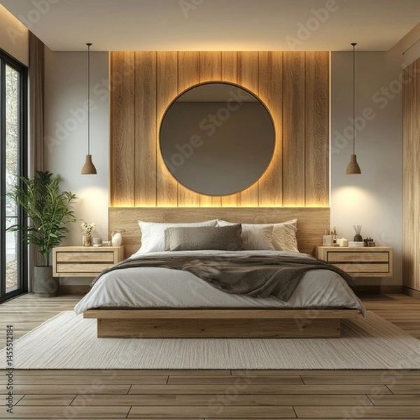Fototapeta Modern bedroom interior design with wooden accents.