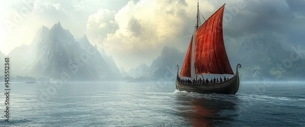 Obraz Viking ship sails on misty fjord