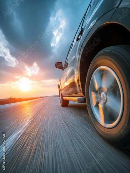Obraz Black car driving fast on the road at sunset with motion blur and dramatic sky background