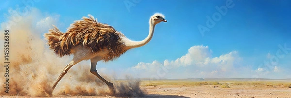 Obraz Majestic Ostrich Sprinting Across Sunlit Plains Against Blue Sky: Nature's Wild Racer in Motion