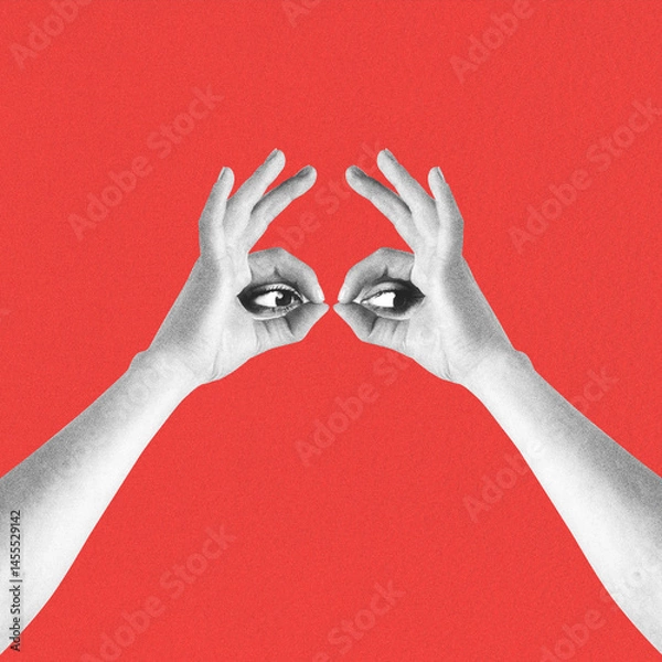 Obraz Abstract collage illustration of woman eyes looking through hand fingers. Red background with copy space. Grunge, noise and motion blur effect applied. Retro vintage style