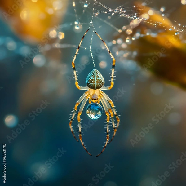 Fototapeta A spider hanging from its web with water droplets on it, a glass egg in the center of its lines, and a dewy crystal orb at each end
