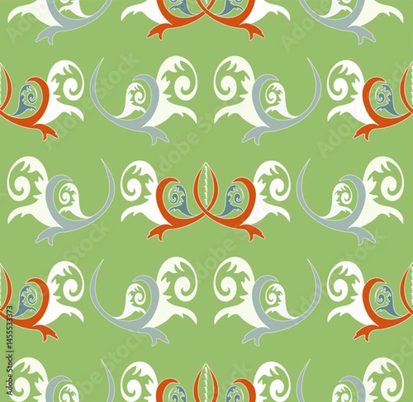 Obraz On a green background there are stylized plants of red, white, gray tones, reminiscent of ancient Russian painting.
