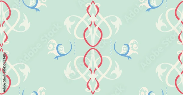 Obraz On a bluish-green background, there are stylized plants of milky, red, blue tones, reminiscent of ancient Russian painting.