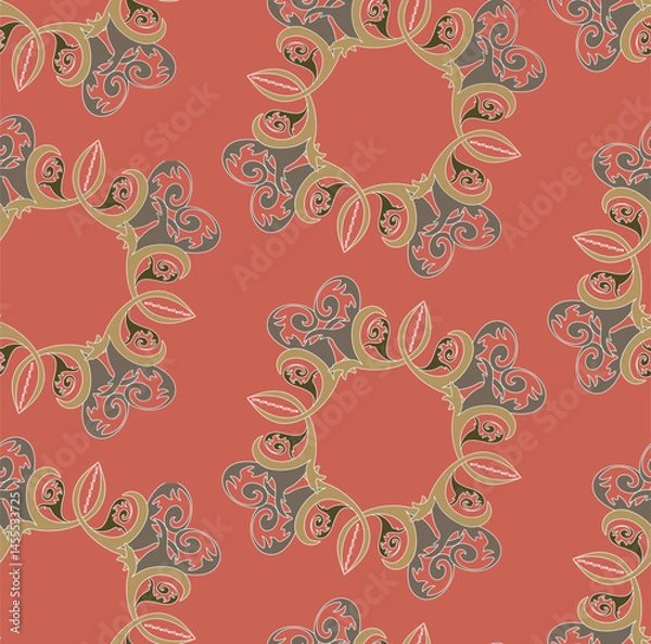 Obraz On a brick-brown background, stylized plant leaves and small elements are arranged in a circle, reminiscent of Old Russian painting.