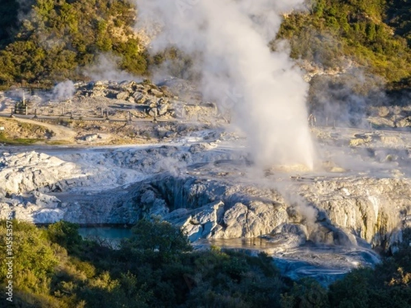 Fototapeta Spectacular view of Pohutu Geyser erupting at Te Puia, a geothermal park in Rotorua, New Zealand. A popular tourist destination.