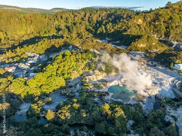 Fototapeta Aerial view of Whakarewarewa, a living M?ori village and geothermal area near Rotorua, New Zealand. The village is a popular tourist destination.