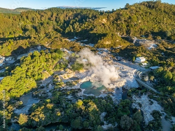 Fototapeta Aerial view of Wai-O-Tapu geothermal area, a popular tourist destination in Rotorua, New Zealand. The image shows steaming pools and unique landscape.