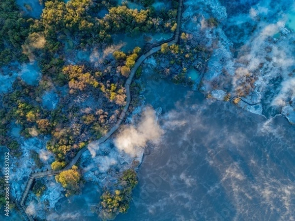 Fototapeta Aerial view of Wai-O-Tapu geothermal area in New Zealand. A wooden walkway allows tourists to safely explore the hot springs and bubbling mud pools. Steam rises from the geothermal landscape.