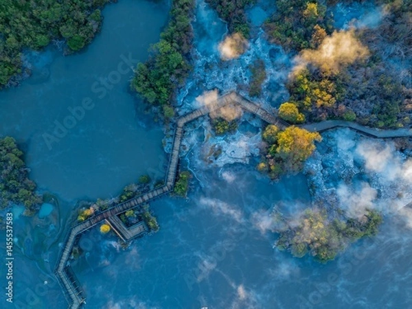Fototapeta Aerial view of the Wai-O-Tapu geothermal area in New Zealand. The wooden boardwalk allows tourists to safely view the hot springs and mud pools. Steam rises from the geothermal activity.