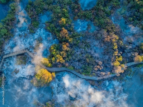 Fototapeta Aerial view of a wooden boardwalk winding through a geothermal area with steaming pools and lush vegetation in Rotorua, New Zealand. Tourists explore the unique landscape.