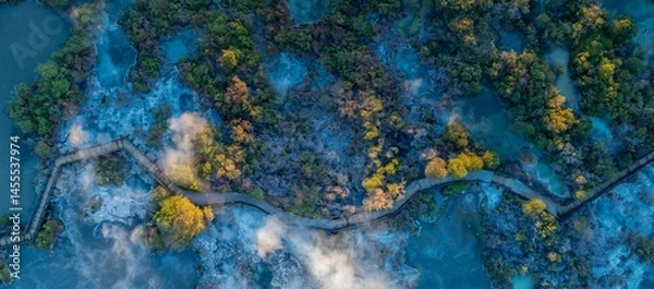 Fototapeta Aerial view of a wooden boardwalk winding through the geothermal landscape of Wai-O-Tapu in New Zealand. Steam rises from the hot springs, attracting tourists.