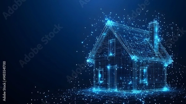 Fototapeta Futuristic home concept with glowing lines. Abstract Digital low-poly wireframe connected dots in dark blue.