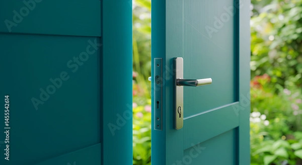 Obraz Teal Door with Metal Handle Opening to Lush Green Garden,elegant, rustic, old, aged, weathered, photo, image, photo
