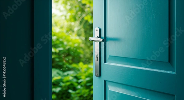 Obraz Teal Door with Metal Handle Opening to Lush Green Garden,elegant, rustic, old, aged, weathered, photo, image, photo