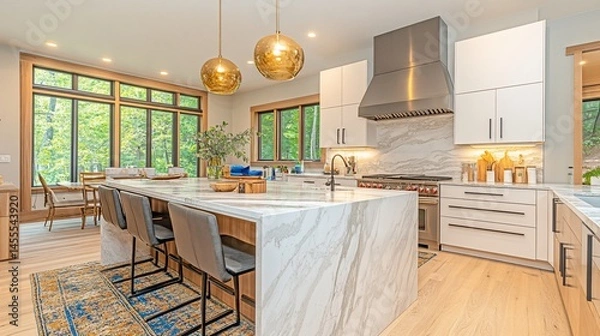 Obraz Modern kitchen with large island, natural light, and stunning views